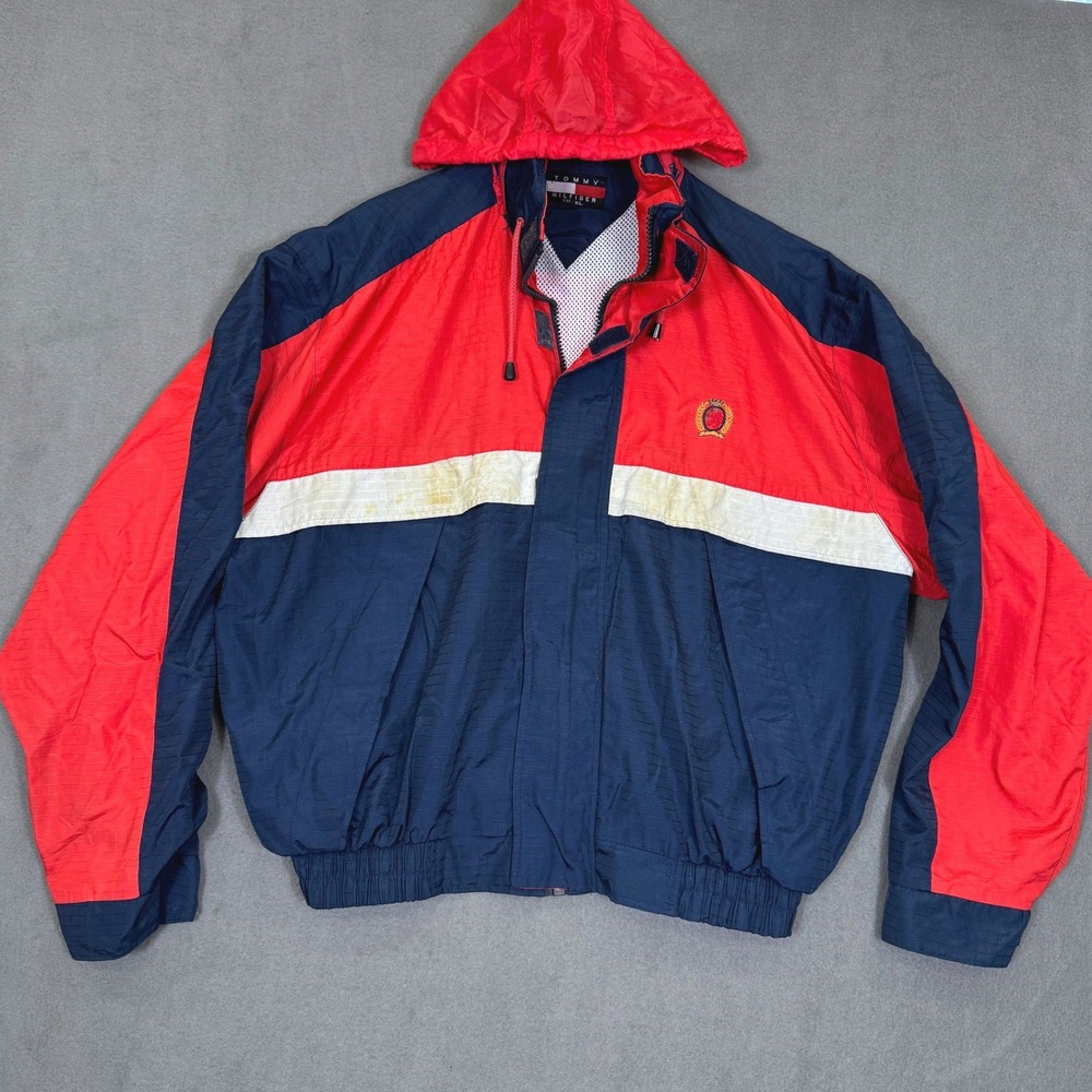 Vintage Tommy Hilfiger Windbreaker Jacket Men XL Red Blue Colorblock Hooded